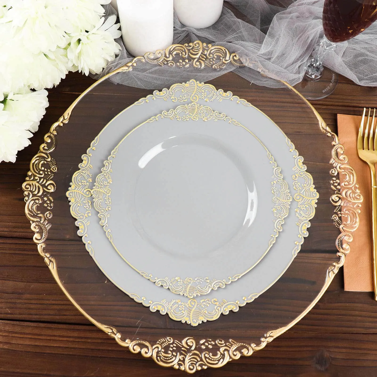 10 Pack 10" Gray Plastic Party Plates With Gold Leaf Embossed Baroque Rim, Round Disposable Dinner Plates