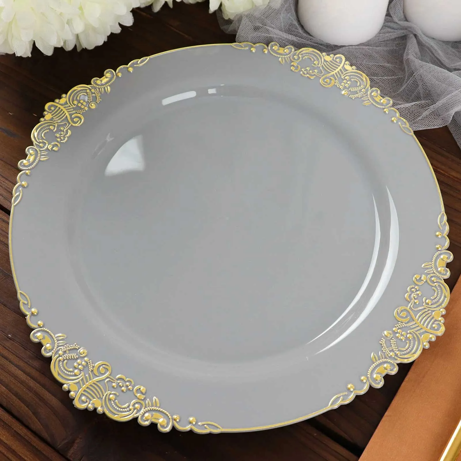 10 Pack 10" Gray Plastic Party Plates With Gold Leaf Embossed Baroque Rim, Round Disposable Dinner Plates