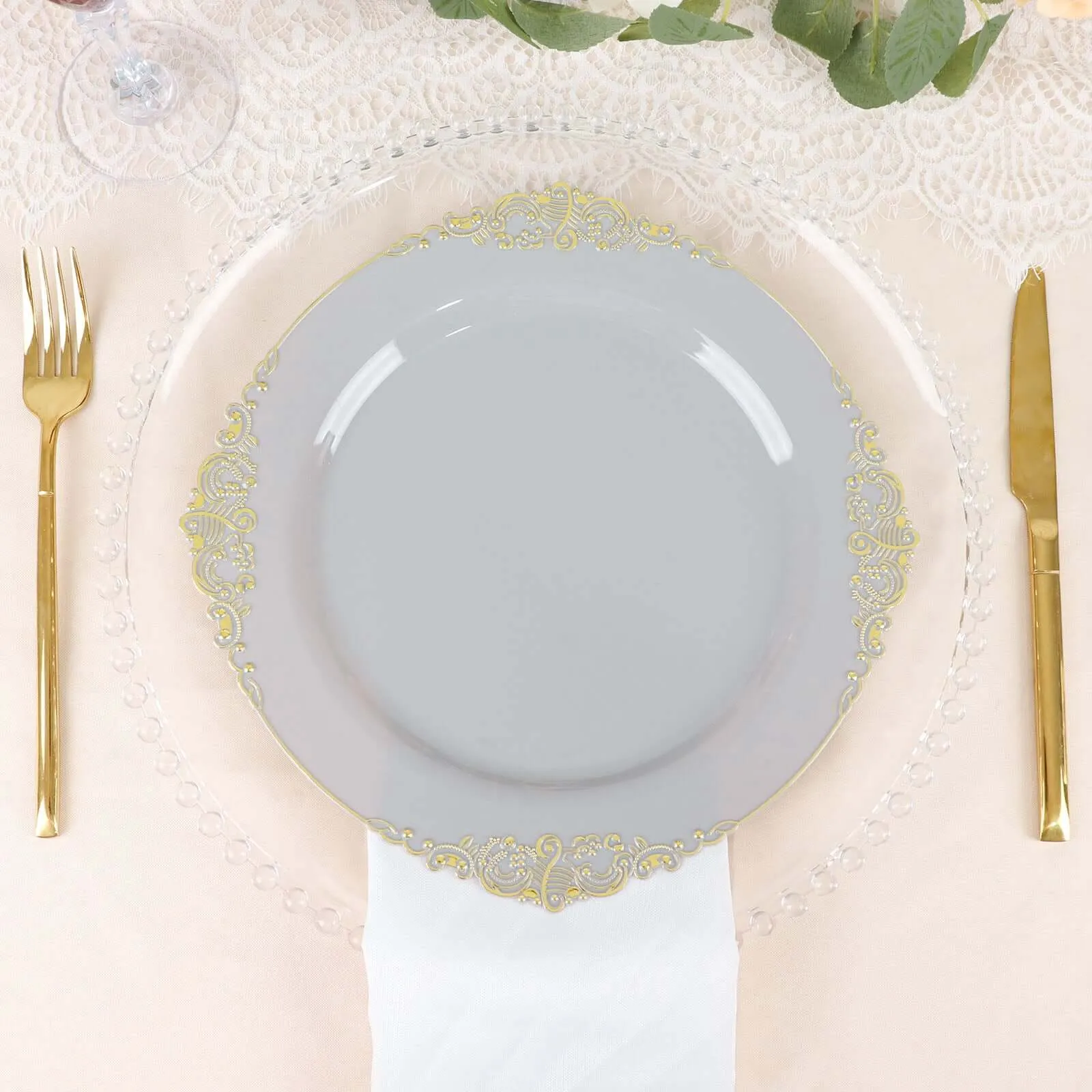 10 Pack 10" Gray Plastic Party Plates With Gold Leaf Embossed Baroque Rim, Round Disposable Dinner Plates