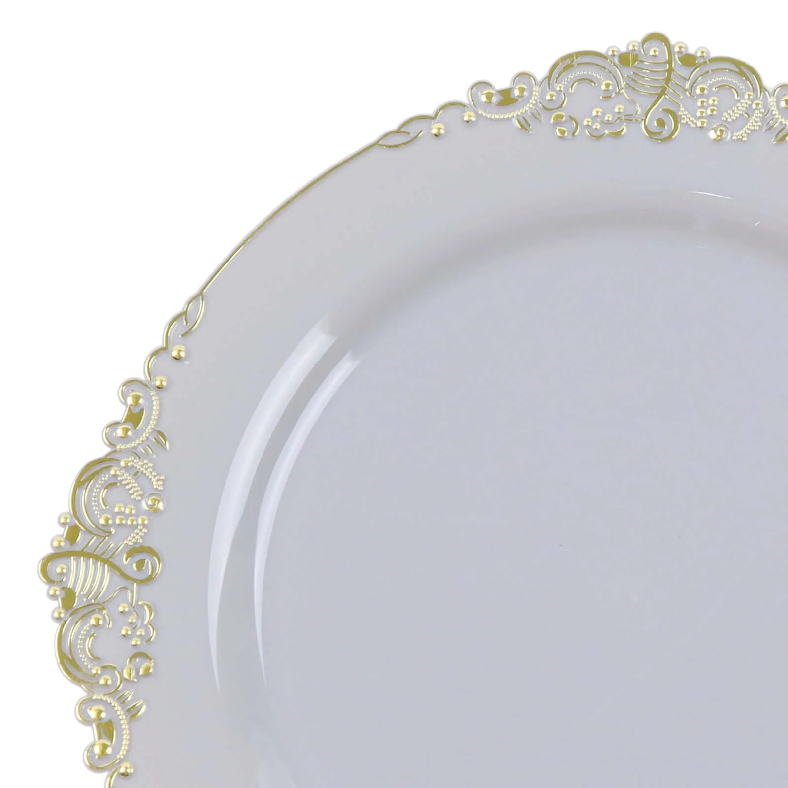 10 Pack 10" Gray Plastic Party Plates With Gold Leaf Embossed Baroque Rim, Round Disposable Dinner Plates