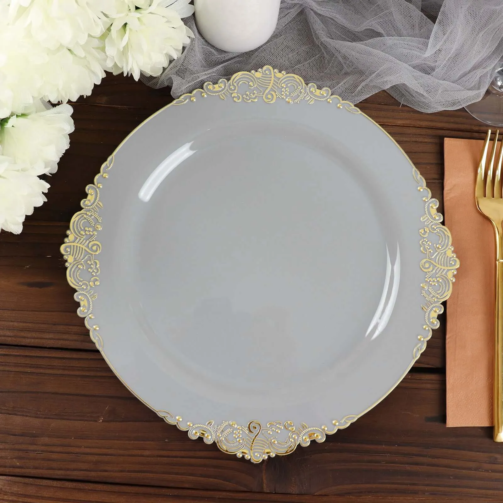 10 Pack 10" Gray Plastic Party Plates With Gold Leaf Embossed Baroque Rim, Round Disposable Dinner Plates