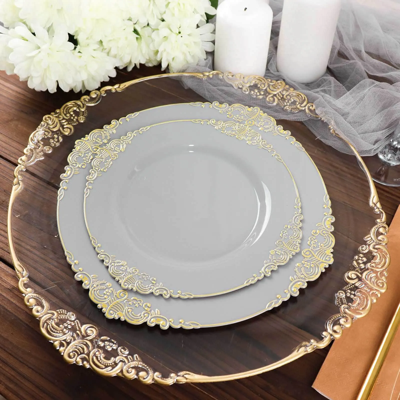 10 Pack 10" Gray Plastic Party Plates With Gold Leaf Embossed Baroque Rim, Round Disposable Dinner Plates