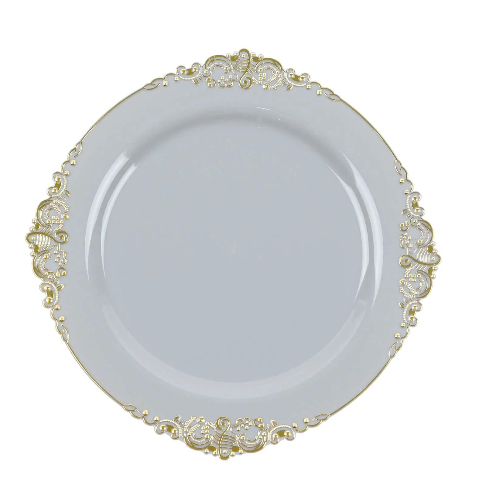 10 Pack 10" Gray Plastic Party Plates With Gold Leaf Embossed Baroque Rim, Round Disposable Dinner Plates