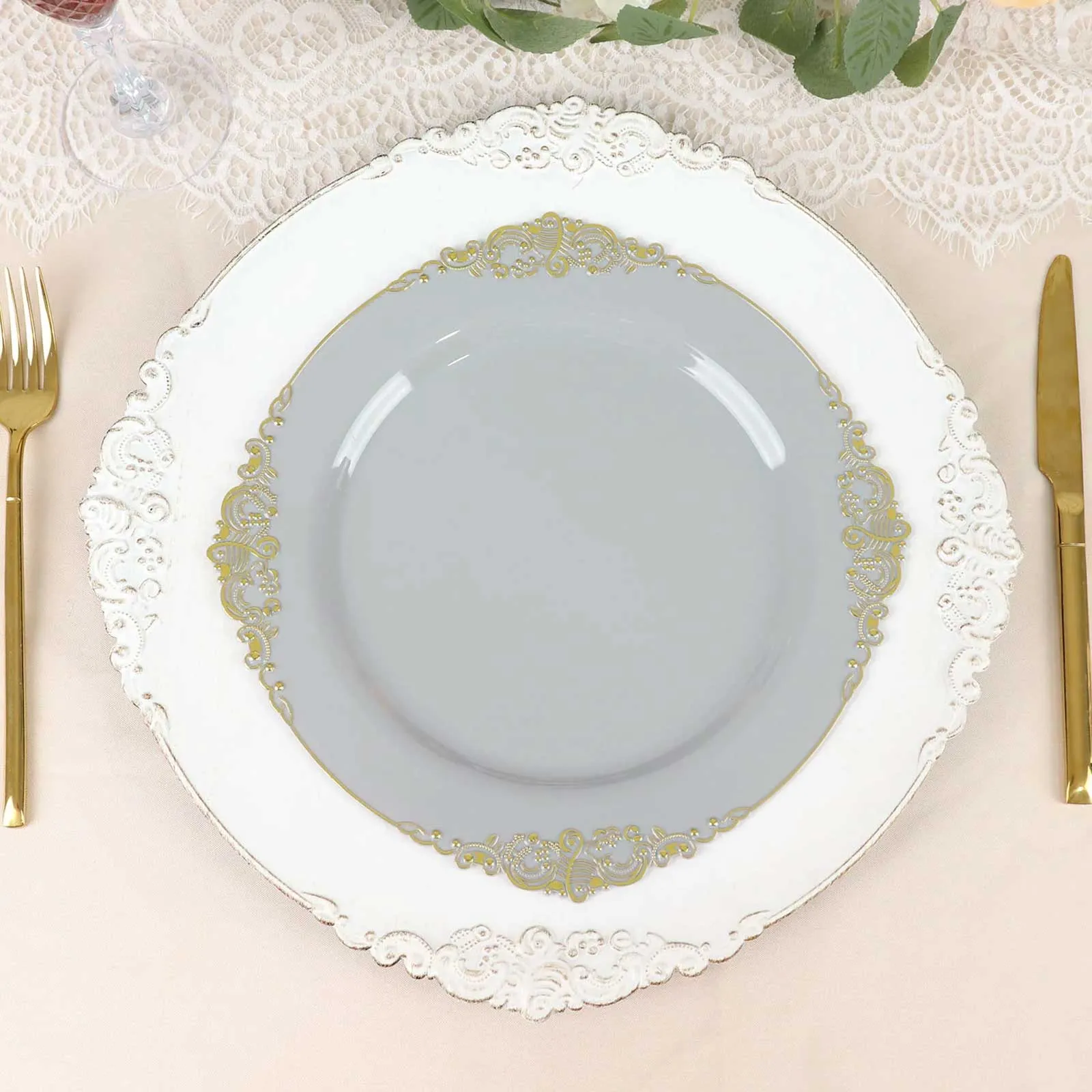 10 Pack 10" Gray Plastic Party Plates With Gold Leaf Embossed Baroque Rim, Round Disposable Dinner Plates