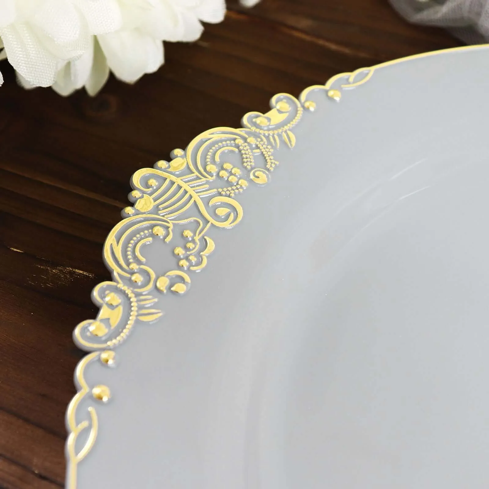 10 Pack 10" Gray Plastic Party Plates With Gold Leaf Embossed Baroque Rim, Round Disposable Dinner Plates