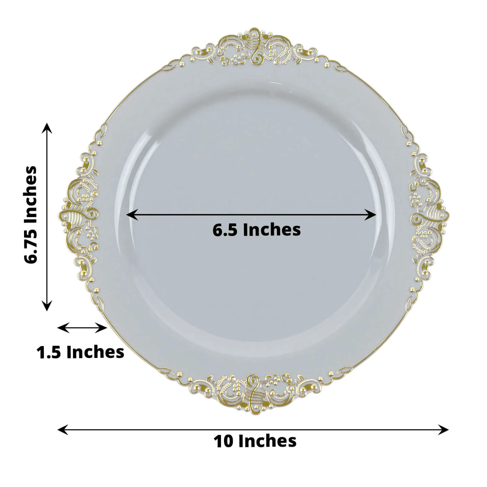 10 Pack 10" Gray Plastic Party Plates With Gold Leaf Embossed Baroque Rim, Round Disposable Dinner Plates