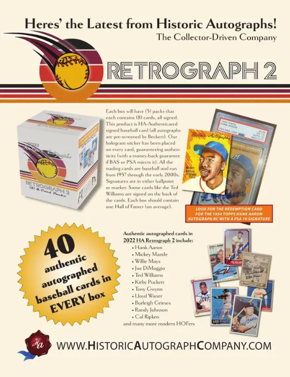 2022 Retrograph 2 Baseball Hobby Box - Historic Autographs - 5 Packs, 8 Cards Per Pack