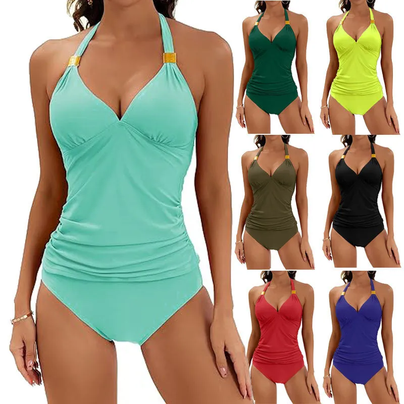 2pcs Solid Color V Neck Swimsuit