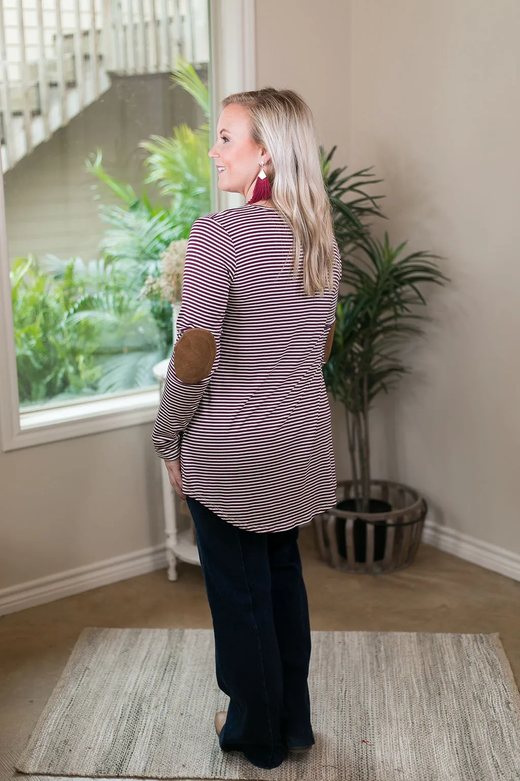 A Different Day Long Sleeve Striped Top with Suede Elbow Patches in Maroon and White