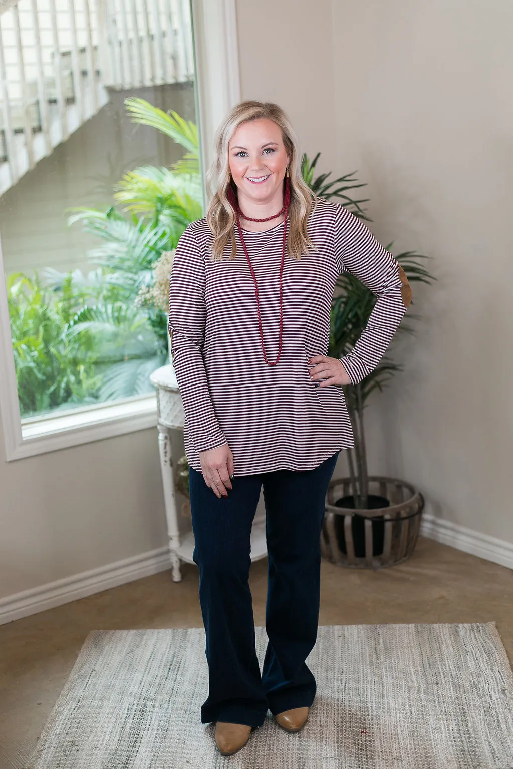 A Different Day Long Sleeve Striped Top with Suede Elbow Patches in Maroon and White