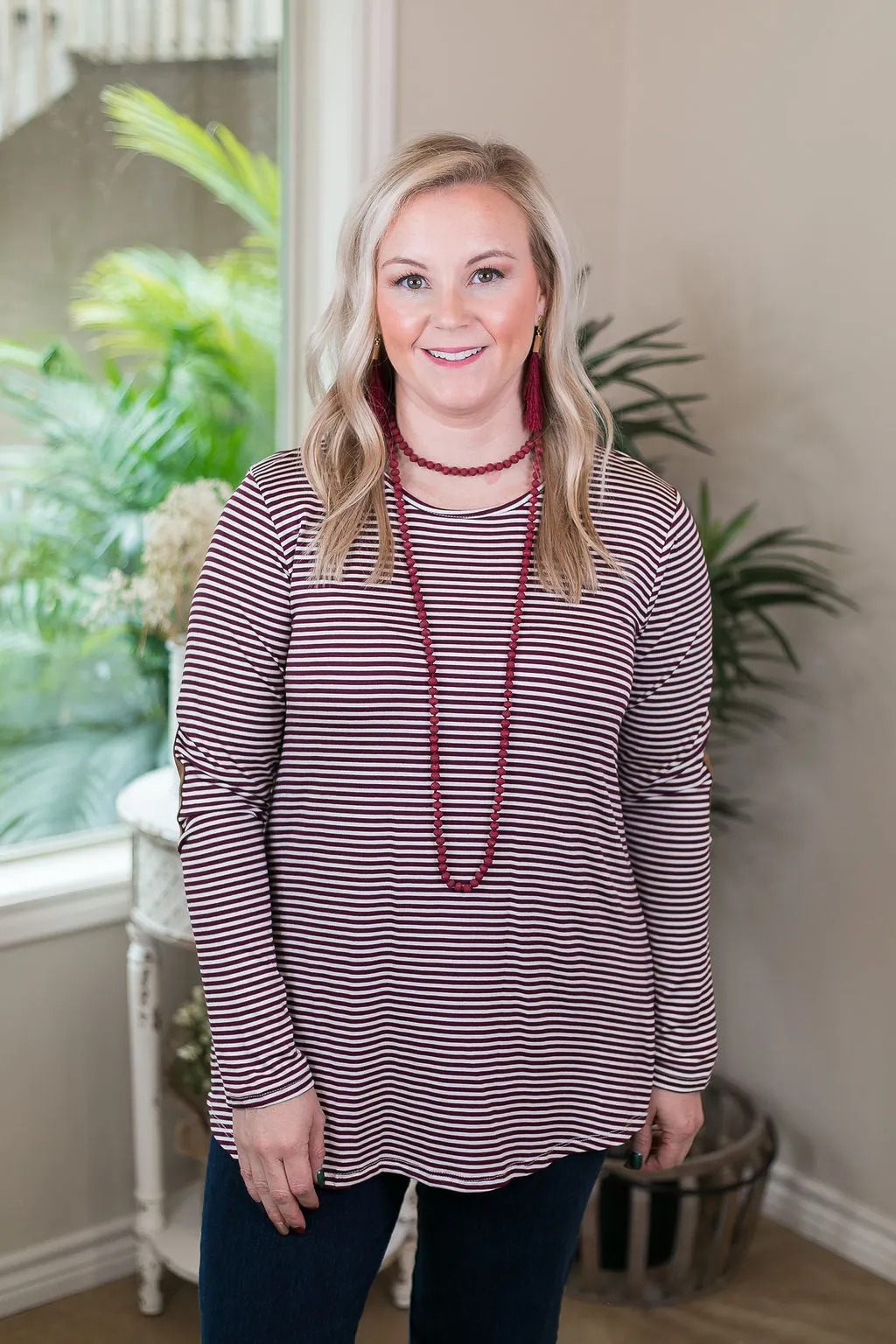 A Different Day Long Sleeve Striped Top with Suede Elbow Patches in Maroon and White