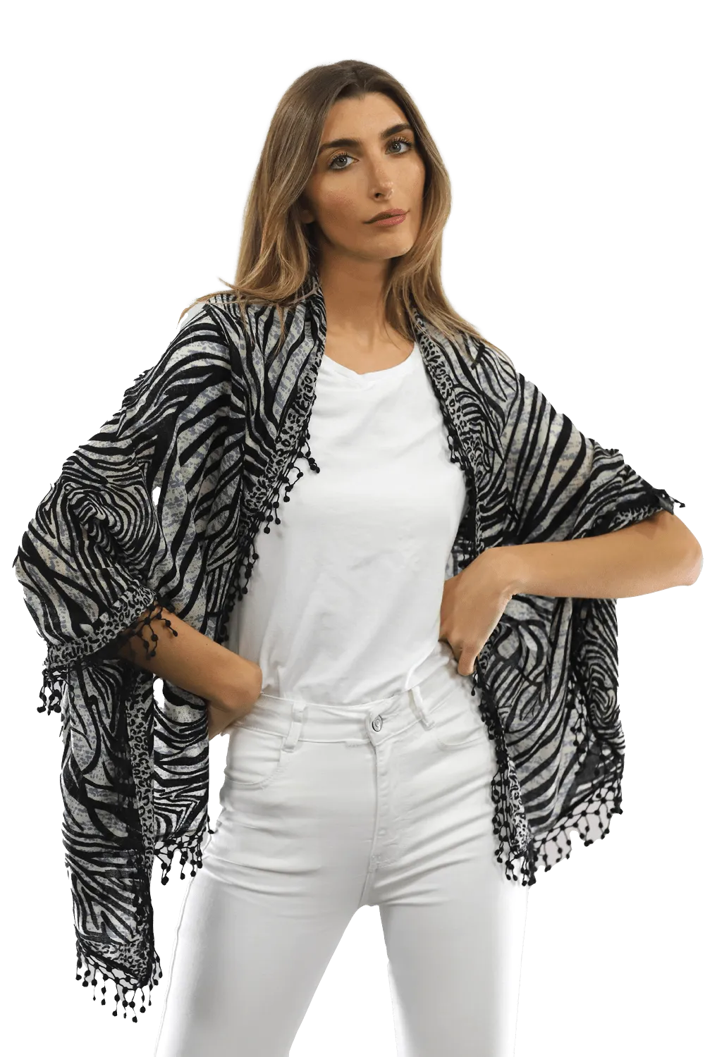 All Over Animal Print with Pom Lace - Ivory Black