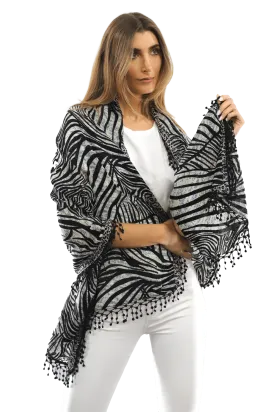 All Over Animal Print with Pom Lace - Ivory Black