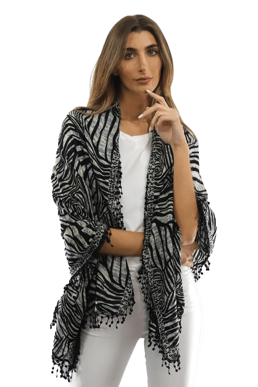 All Over Animal Print with Pom Lace - Ivory Black