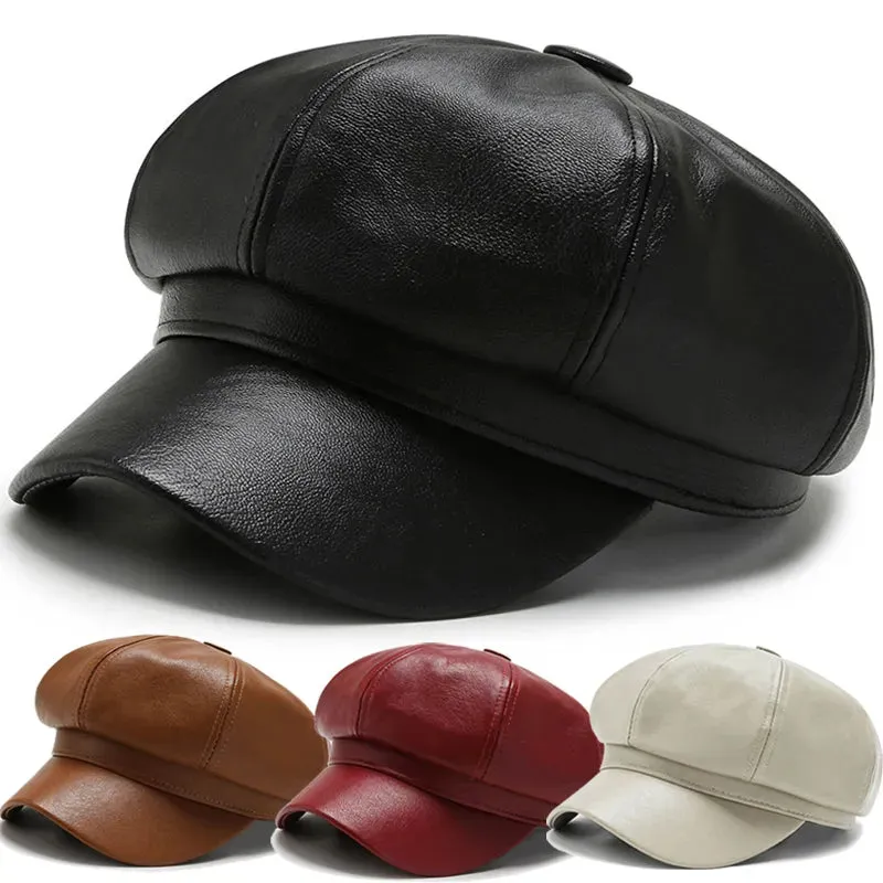 Amozae-Women Men PU Leather Berets Hat Retro British Solid Beret Baseball Cap Outdoor Sun Hat Winter Warm Octagonal Hats Newsboy Caps