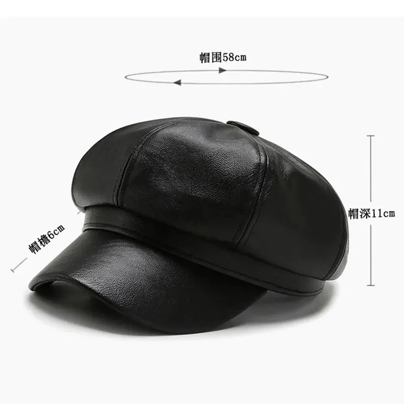 Amozae-Women Men PU Leather Berets Hat Retro British Solid Beret Baseball Cap Outdoor Sun Hat Winter Warm Octagonal Hats Newsboy Caps