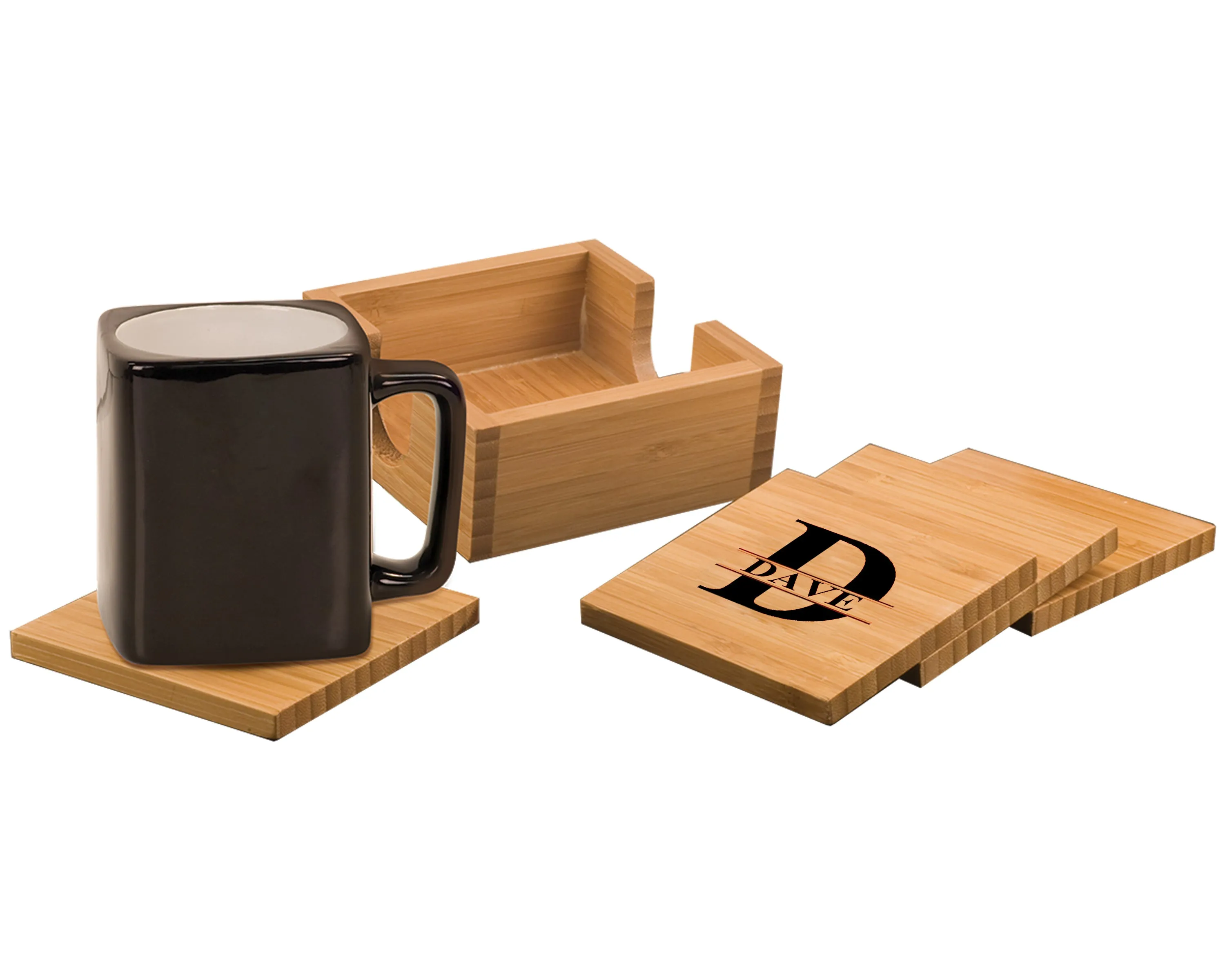 Bamboo Square 4-Coaster Set with Holder