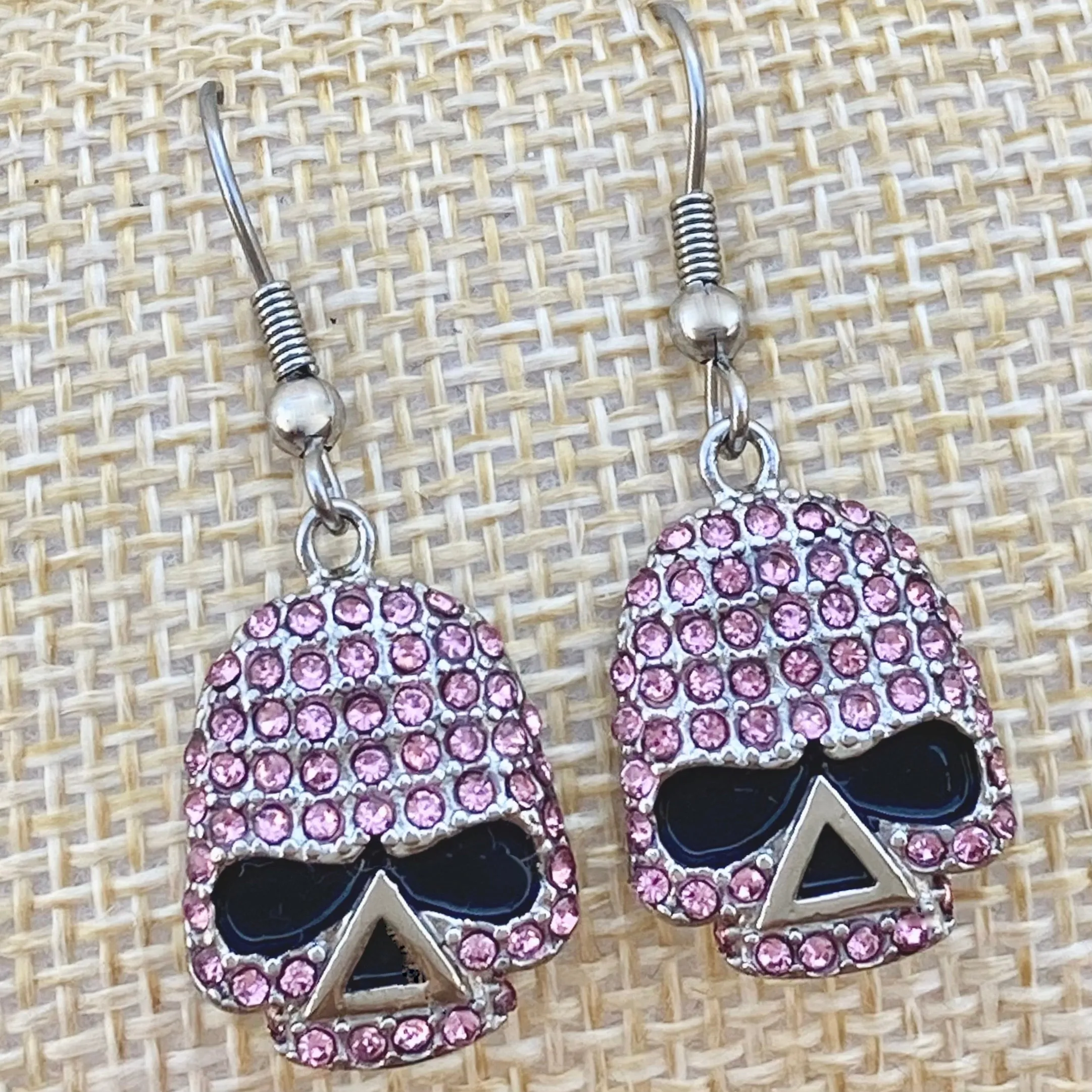 Bling Skull Earrings - Pink Stone - Wire - 2596W