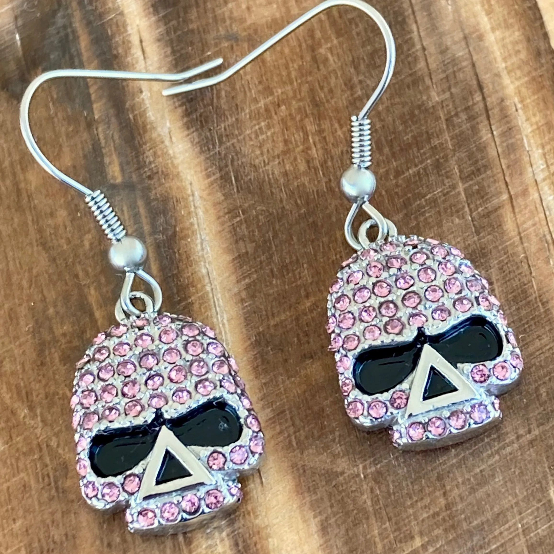 Bling Skull Earrings - Pink Stone - Wire - 2596W