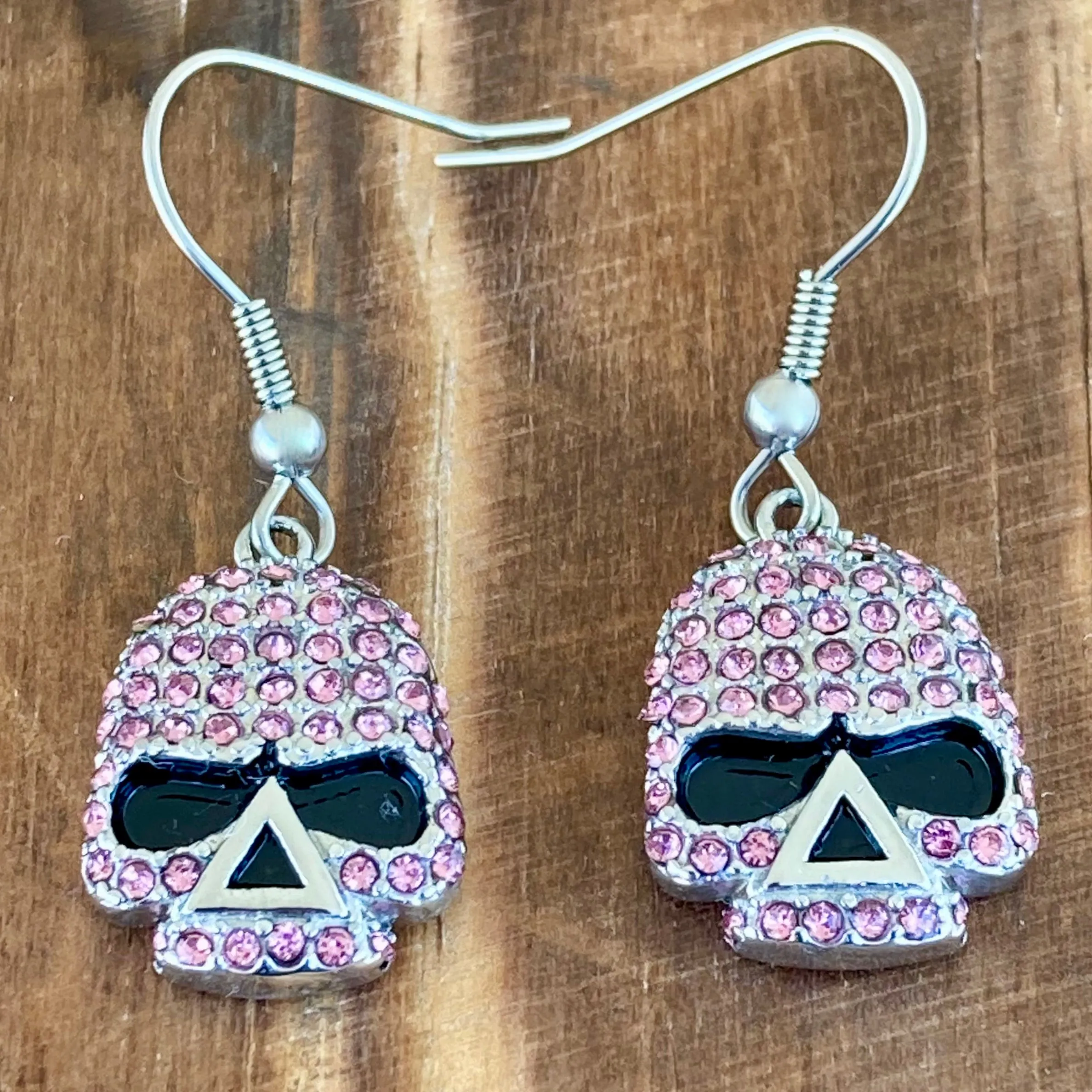 Bling Skull Earrings - Pink Stone - Wire - 2596W