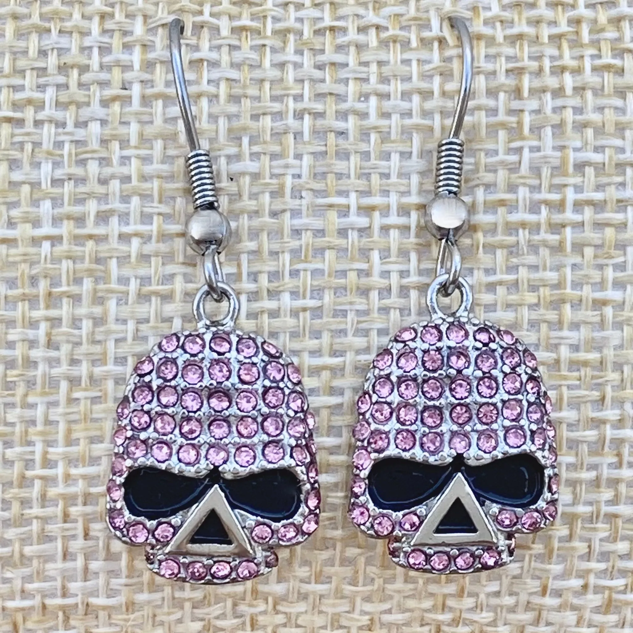 Bling Skull Earrings - Pink Stone - Wire - 2596W