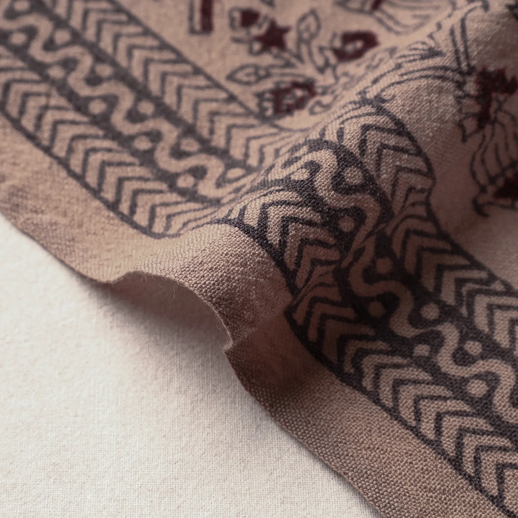 Brown - Bagh Block Printed Pure Merino Wool Handloom Fabric