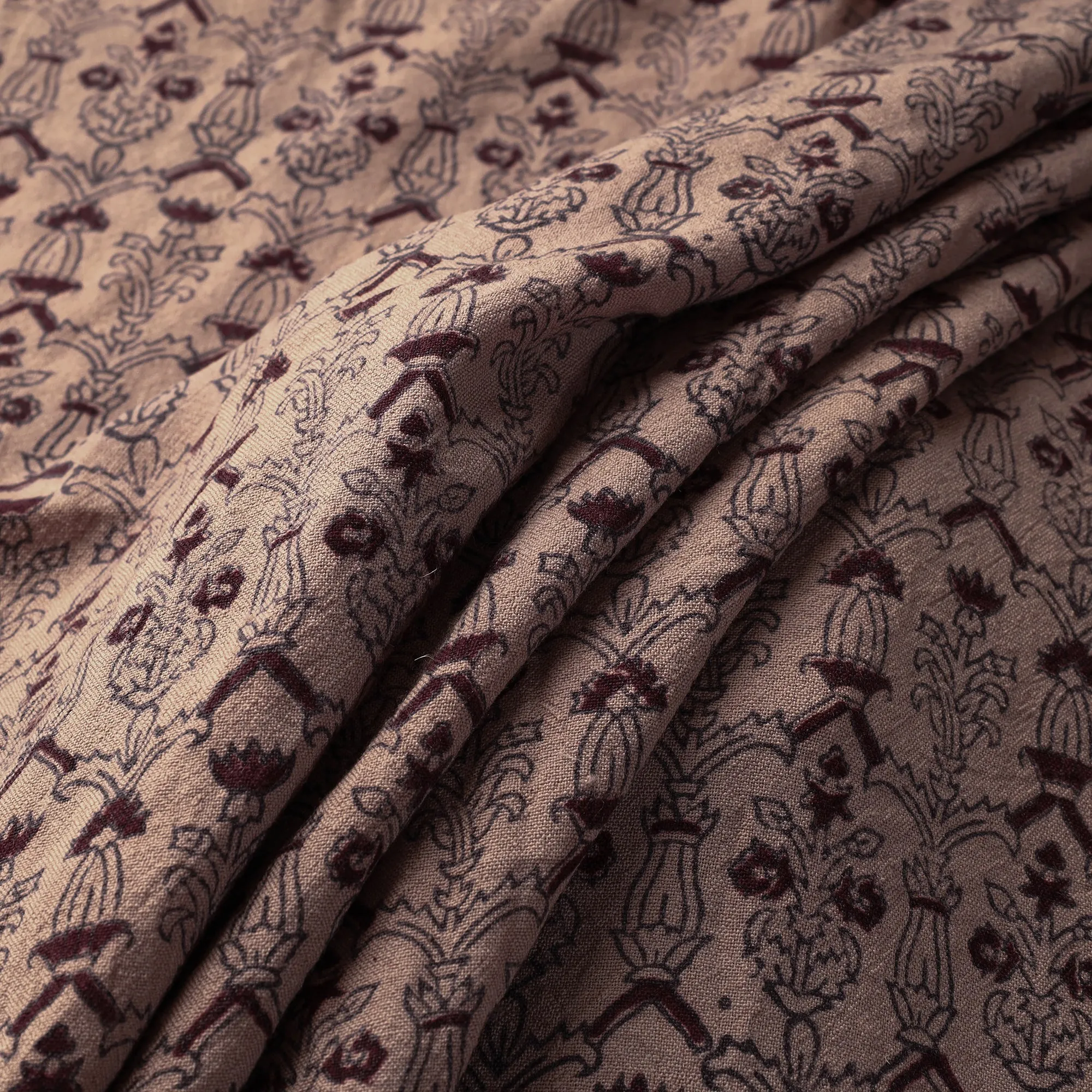 Brown - Bagh Block Printed Pure Merino Wool Handloom Fabric