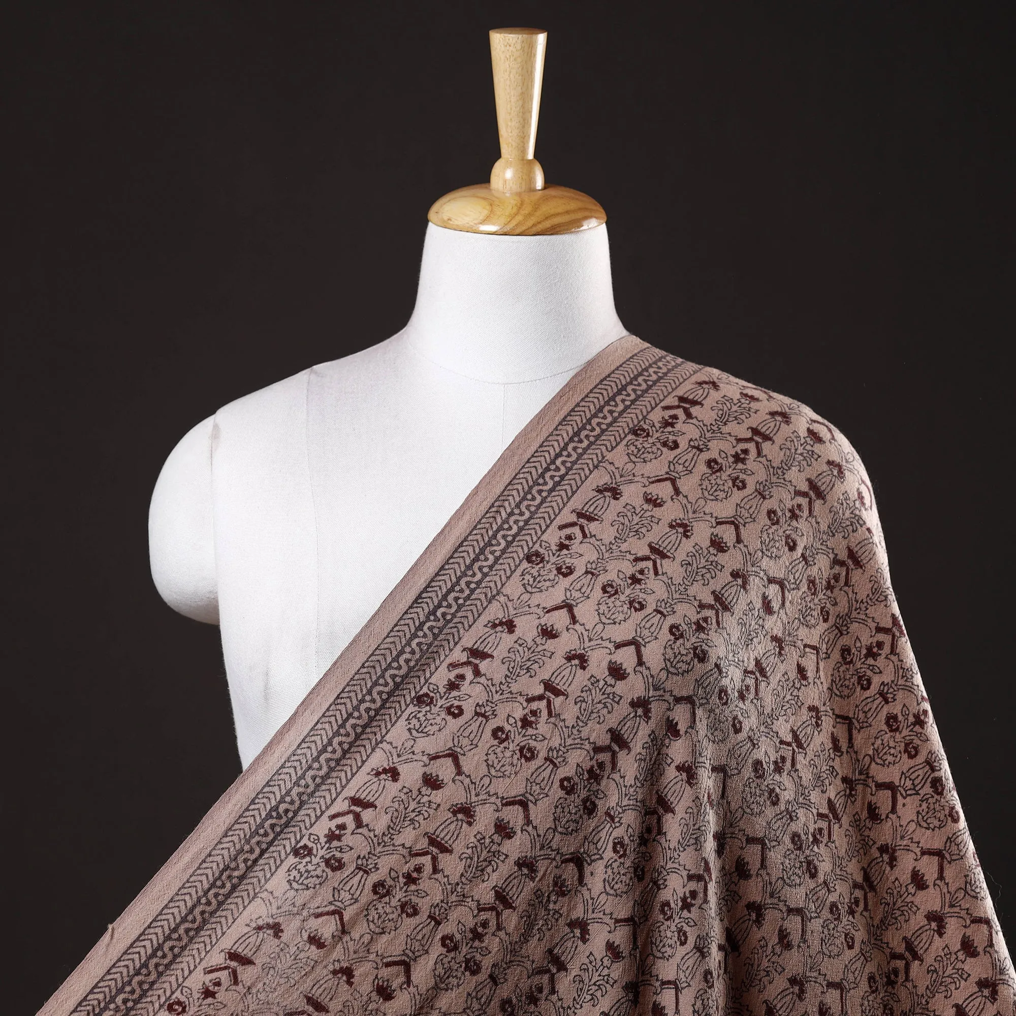 Brown - Bagh Block Printed Pure Merino Wool Handloom Fabric