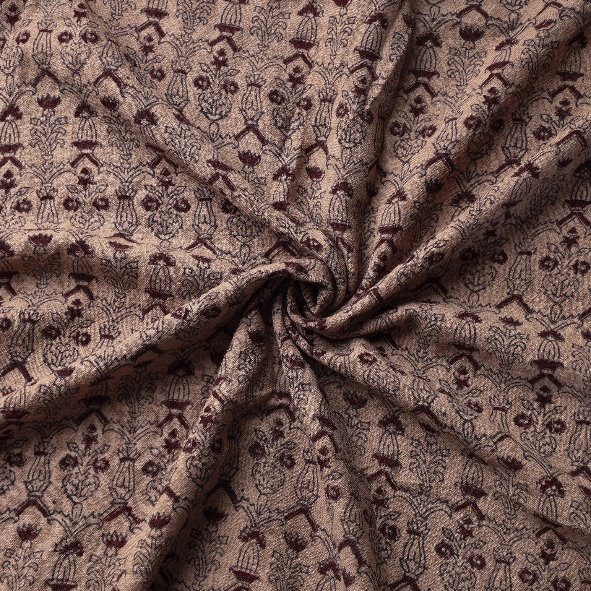 Brown - Bagh Block Printed Pure Merino Wool Handloom Fabric