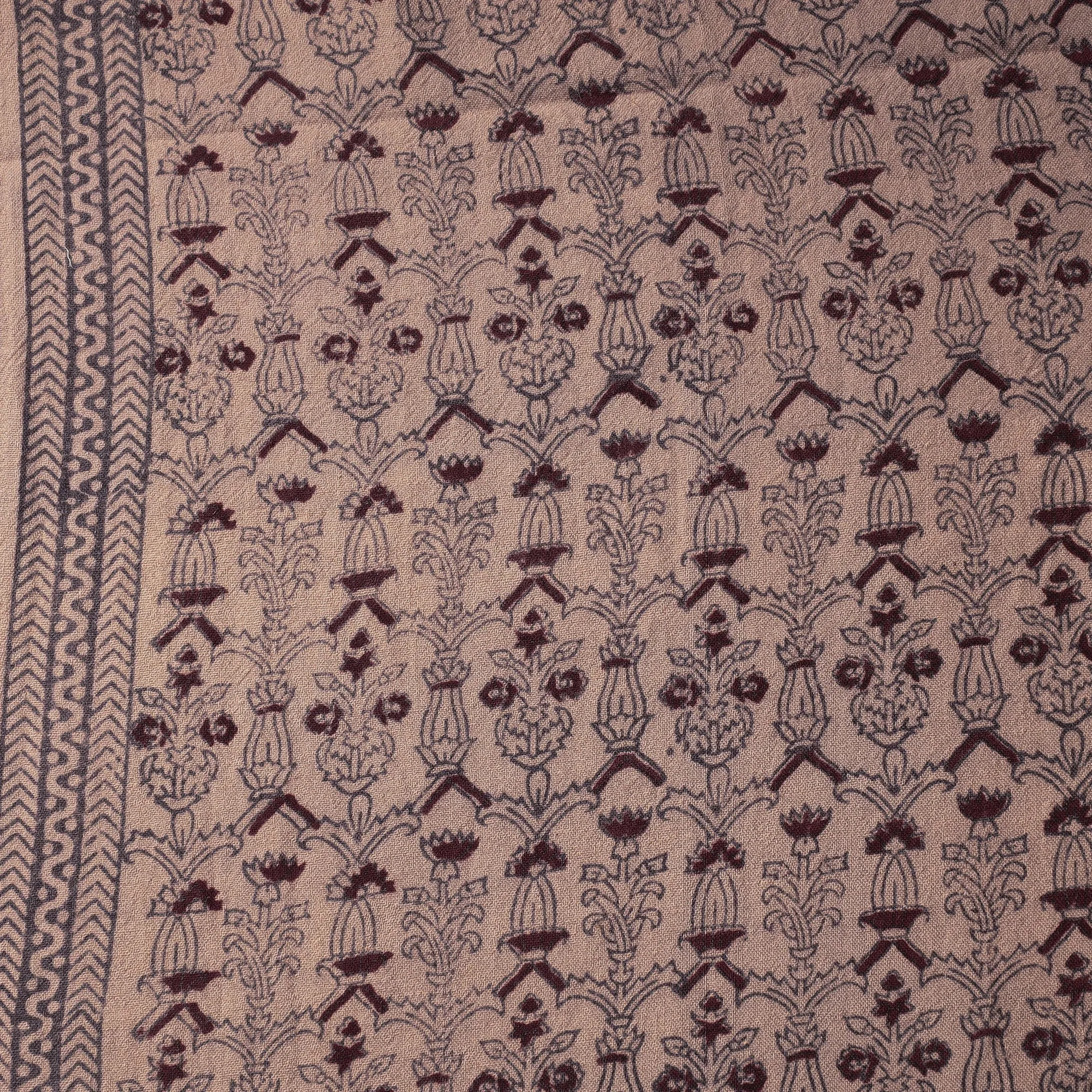 Brown - Bagh Block Printed Pure Merino Wool Handloom Fabric