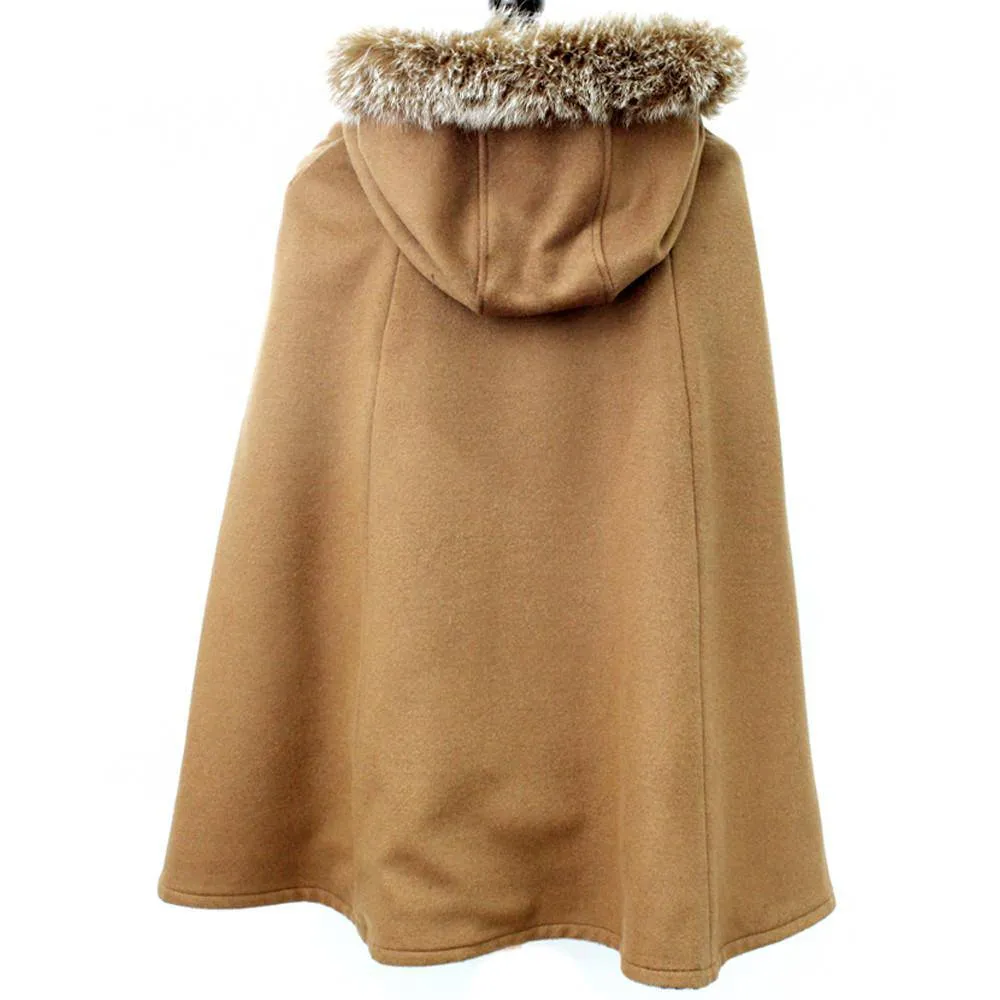 Camel Wool Fox Trim Cape With Hood