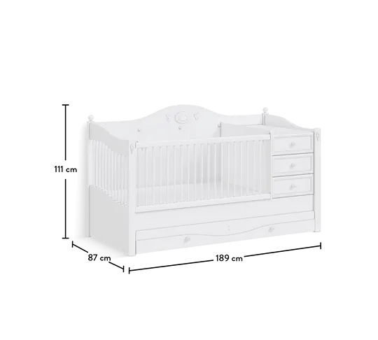 Cilek Rustic White Convertible Baby Bed (80x180 Cm)