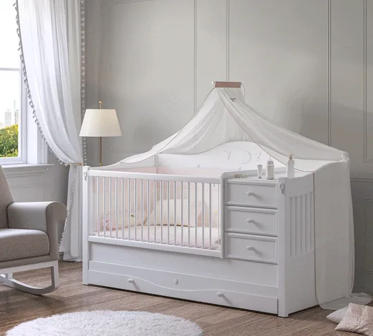 Cilek Rustic White Convertible Baby Bed (80x180 Cm)