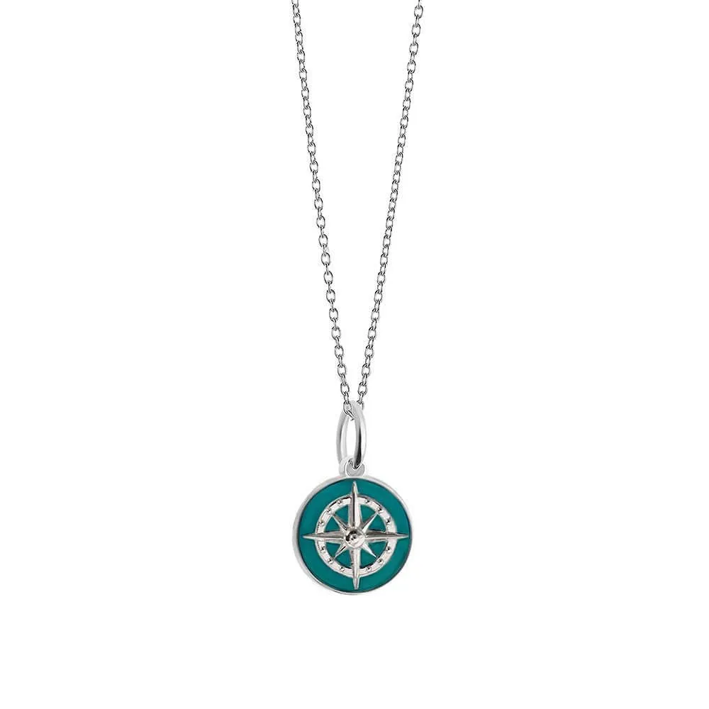 Compass Charm Teal Enamel, Silver Mini