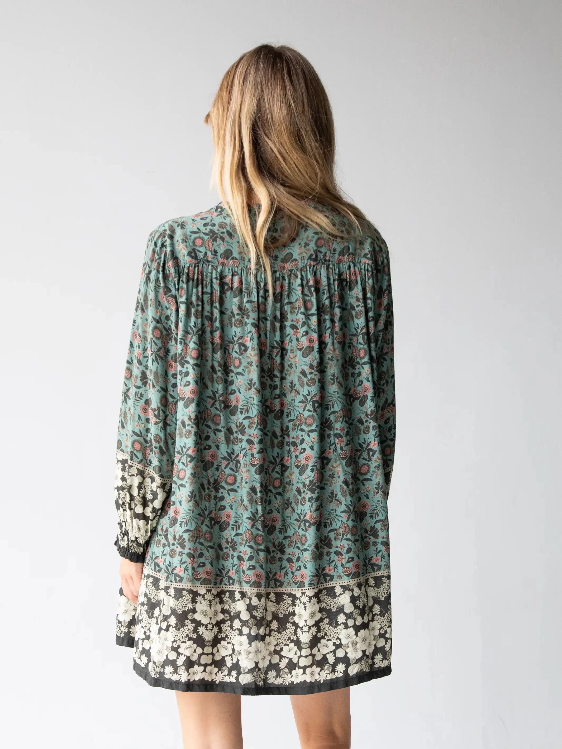 Dara V-Neck Tunic Dress - Sage Black Floral Border