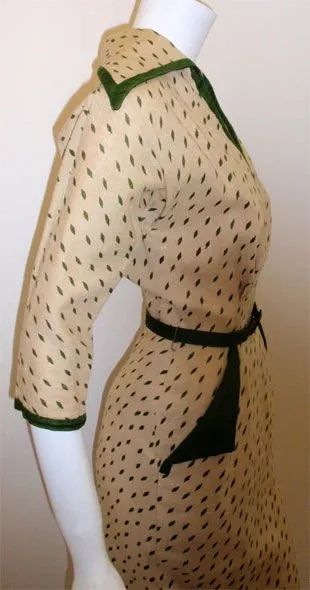 DON LOPER Cream with Green Pattern Dress and Tie Belt