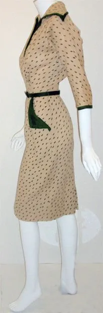 DON LOPER Cream with Green Pattern Dress and Tie Belt