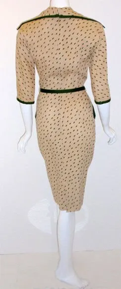 DON LOPER Cream with Green Pattern Dress and Tie Belt