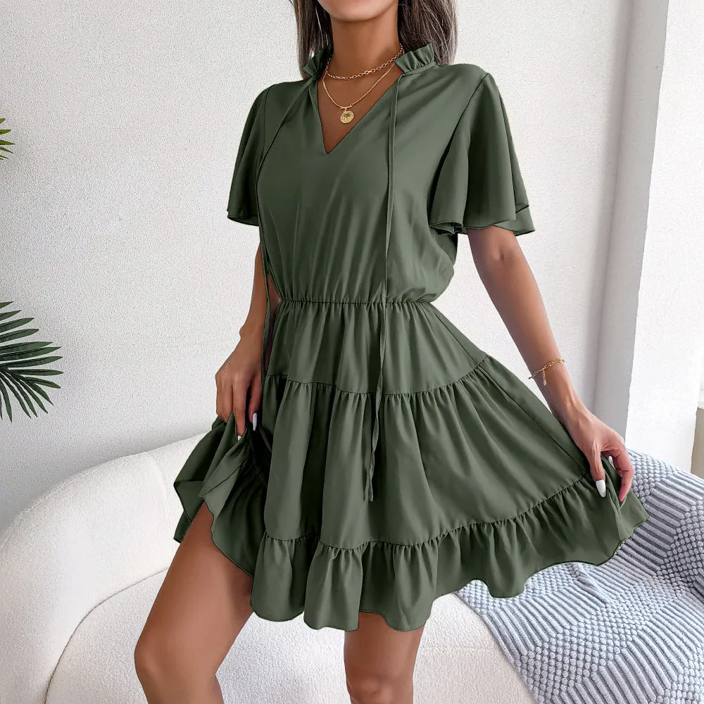 Flounced Skirt Solid Color Dress