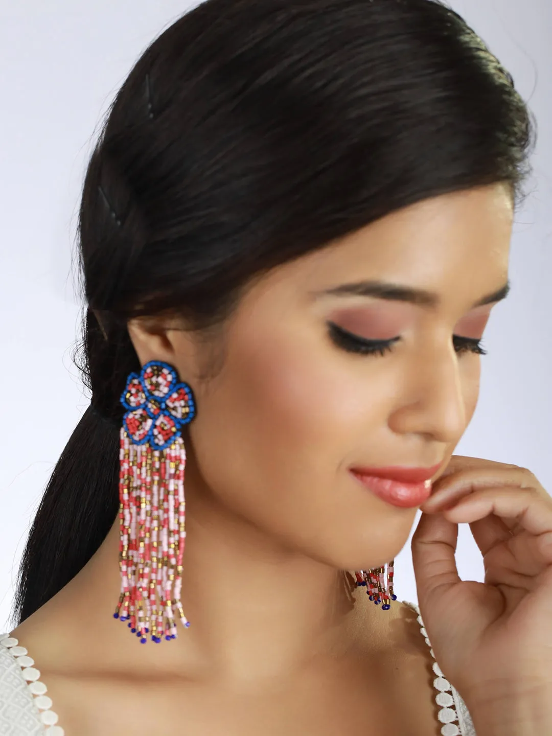 Gold-Plated & Multicolored Tasseled Contemporary Drop Earrings