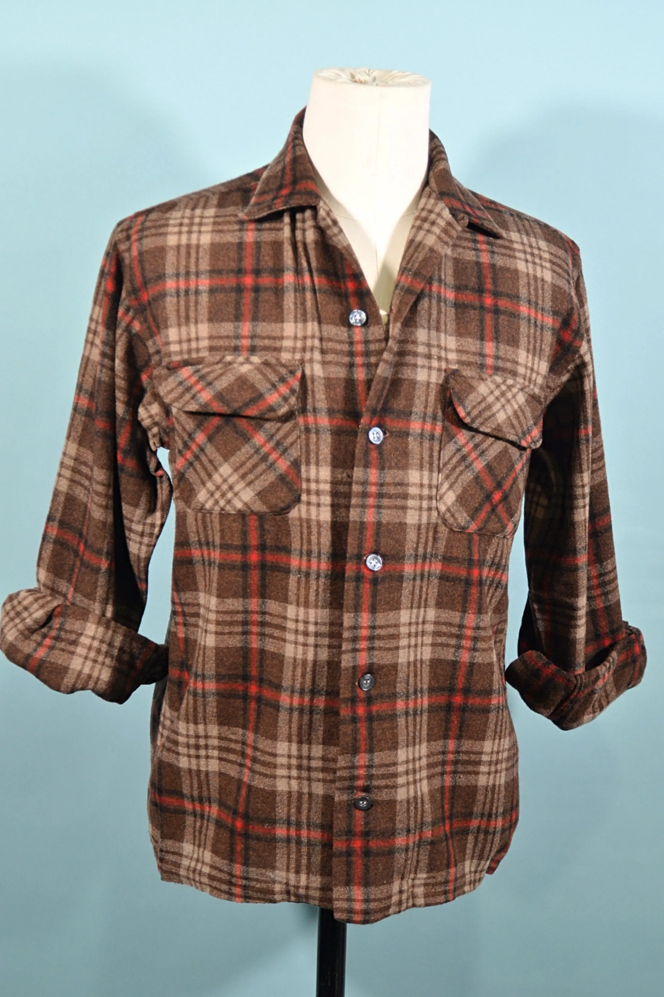 Grant Crest Vintage Mens Plaid Board Shirt, Tab Collar M