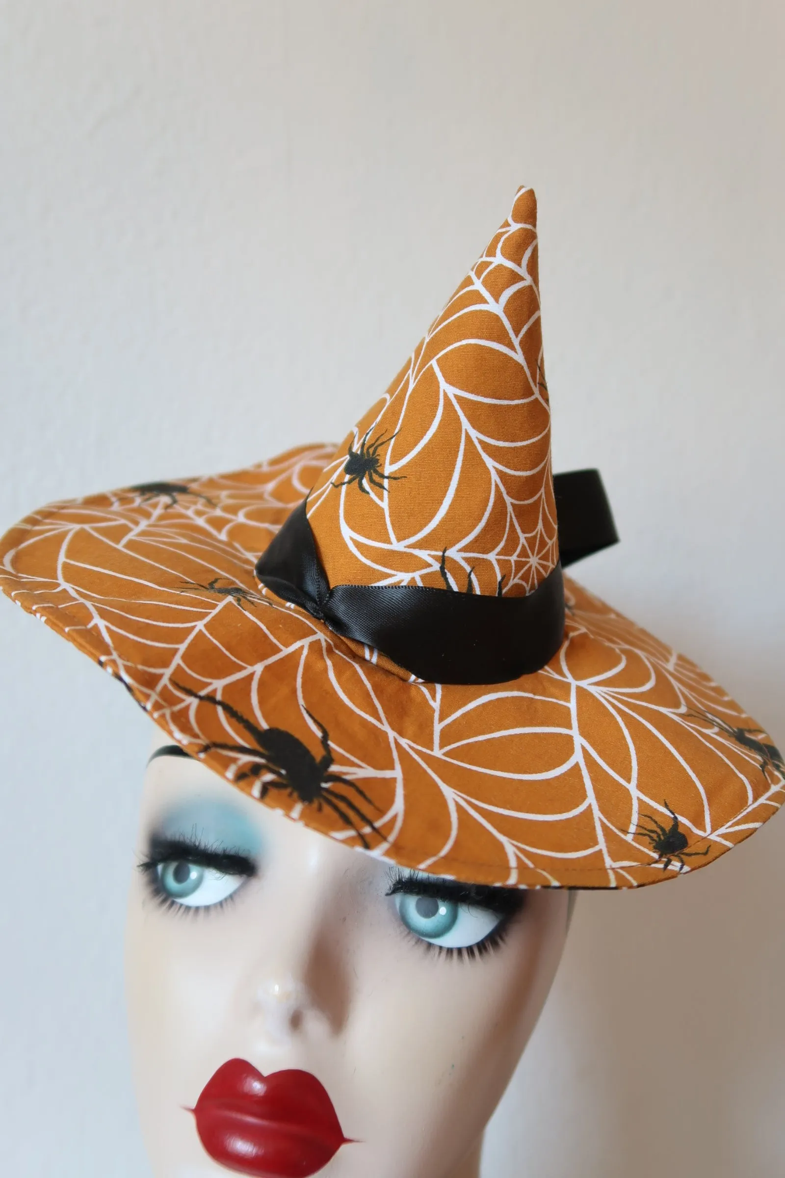 Halloween Collection Mini Witch Hat Fascinator (dark orange spiderweb)