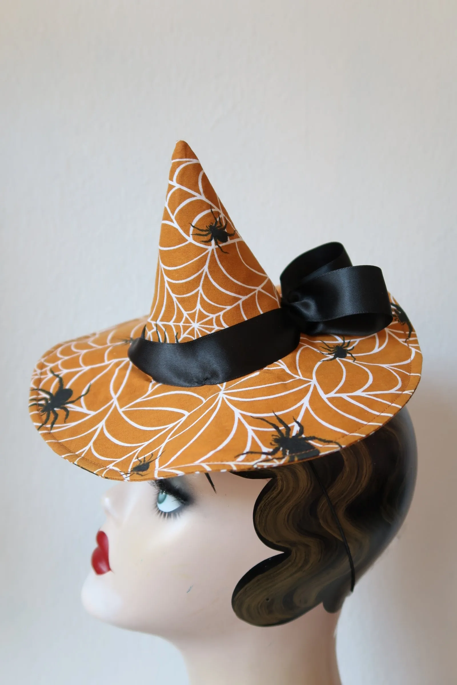 Halloween Collection Mini Witch Hat Fascinator (dark orange spiderweb)