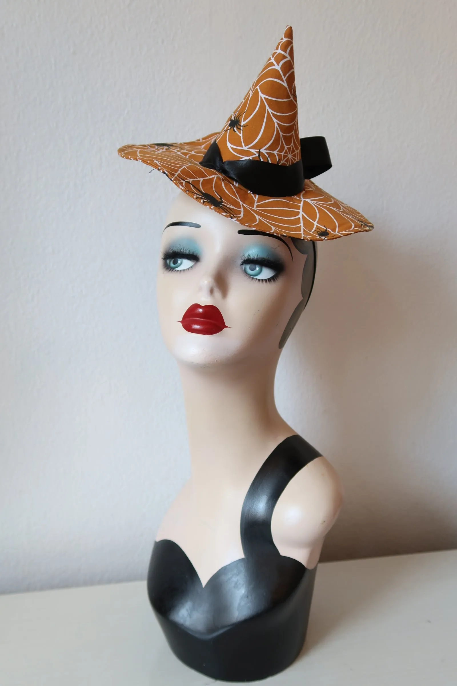 Halloween Collection Mini Witch Hat Fascinator (dark orange spiderweb)