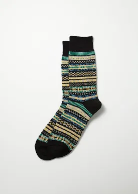 Jacquard Fair Isle Crew Socks - Black