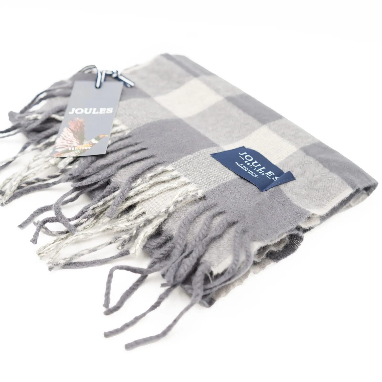 Joules Tytherton Grey Check Brushed Wool Mix Scarf for Men