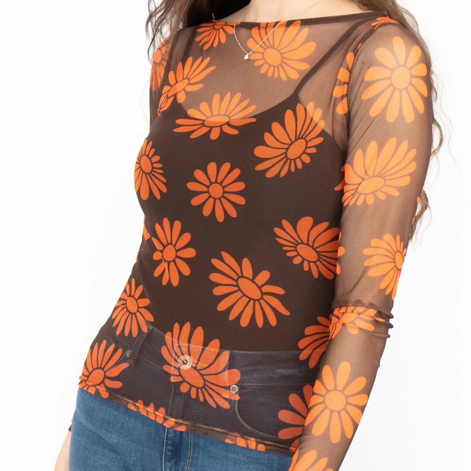 Karen Millen Floral Brown & Orange Boat Neck Long Sleeve Mesh Tops