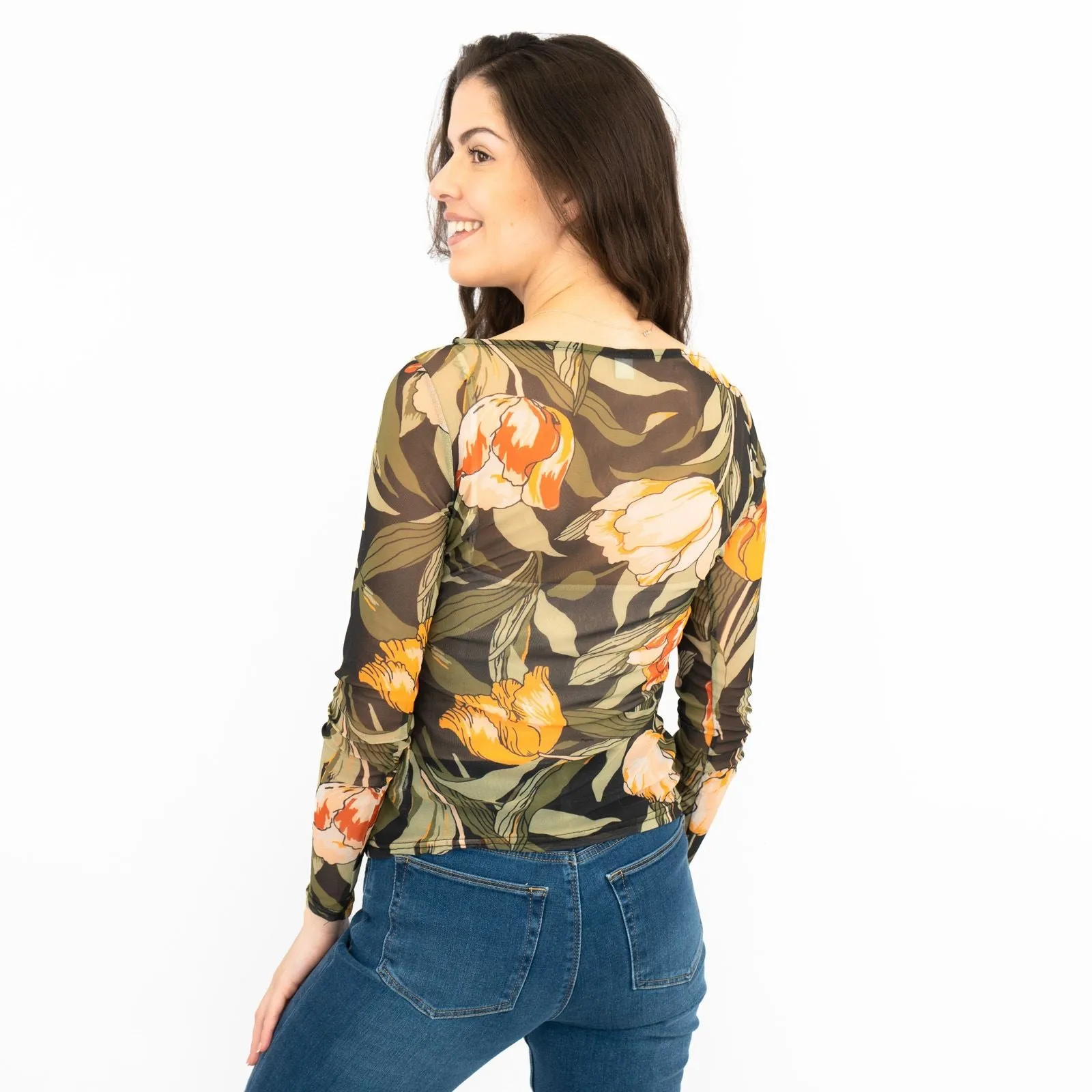 Karen Millen Floral Tulip Mesh Top Womens Long Sleeve Round Neck