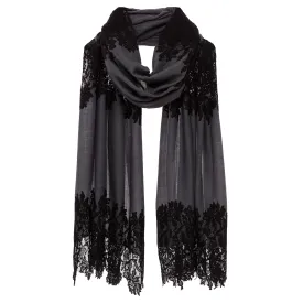 Lace Embellished Scarf - Grey & Black