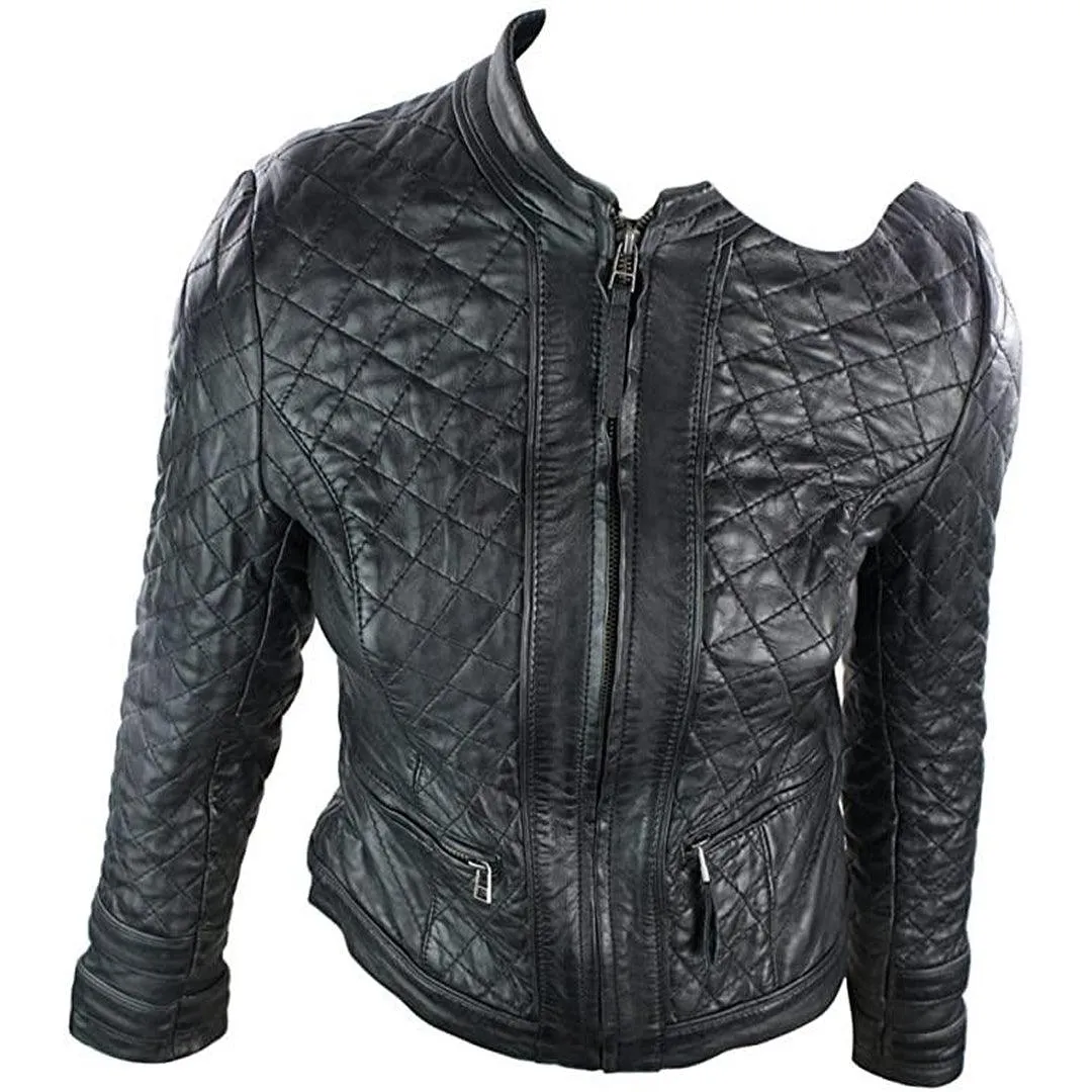 Ladies Real Leather Jacket Short Fitted Barber Style Black Retro Chinese Collar